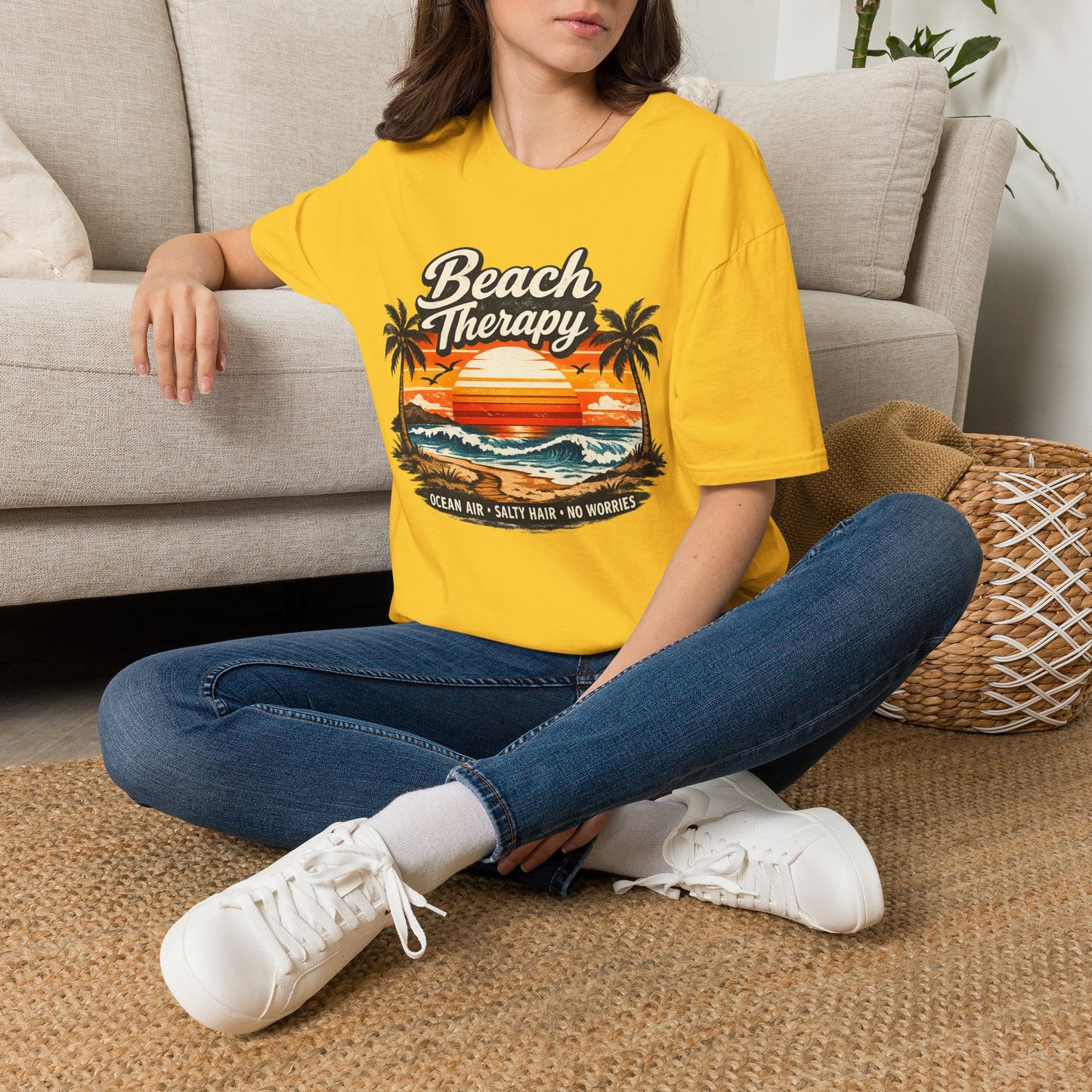 Beach Therapy Vintage Sunset T-Shirt – Ocean Air Salty Hair No Worries Summer Beach Shirt