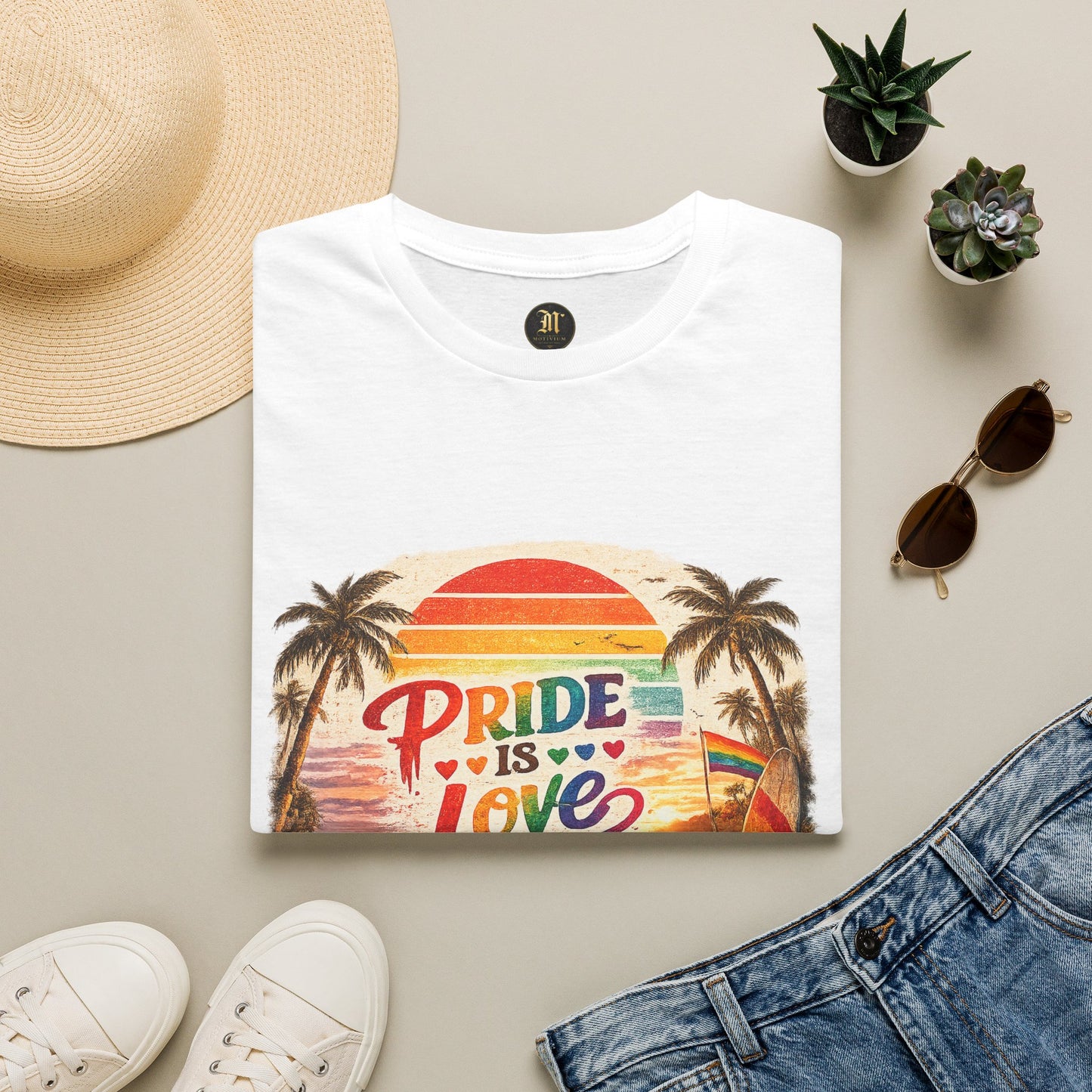 🌈 Pride Is Love Beach Edition T-Shirt | LGBTQ+ Pride Month Retro Sunset Surf Shirt | Rainbow Beach Summer Tee