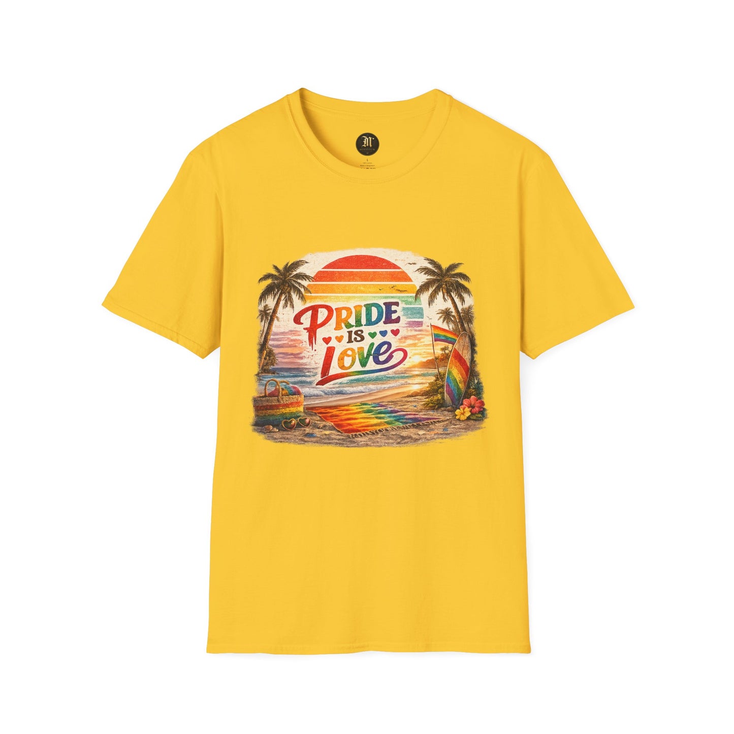 🌈 Pride Is Love Beach Edition T-Shirt | LGBTQ+ Pride Month Retro Sunset Surf Shirt | Rainbow Beach Summer Tee