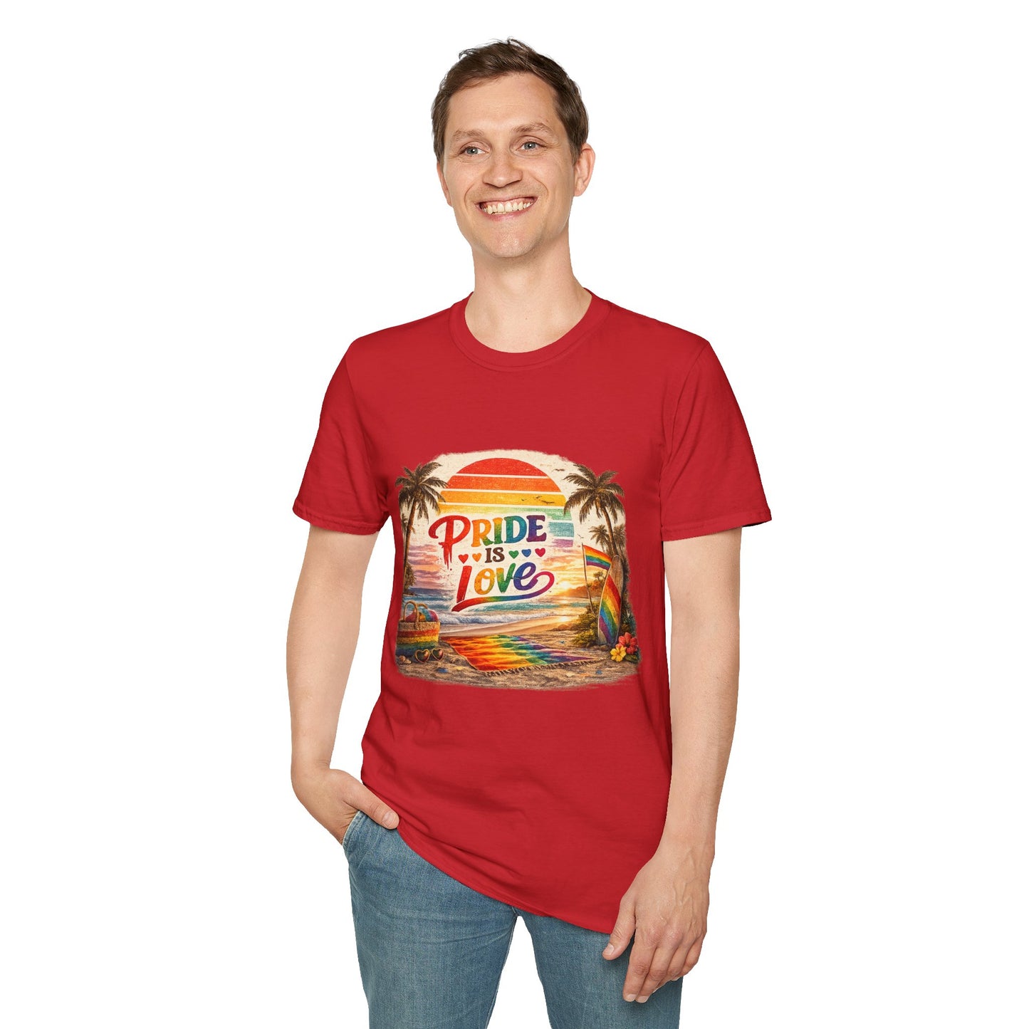 🌈 Pride Is Love Beach Edition T-Shirt | LGBTQ+ Pride Month Retro Sunset Surf Shirt | Rainbow Beach Summer Tee