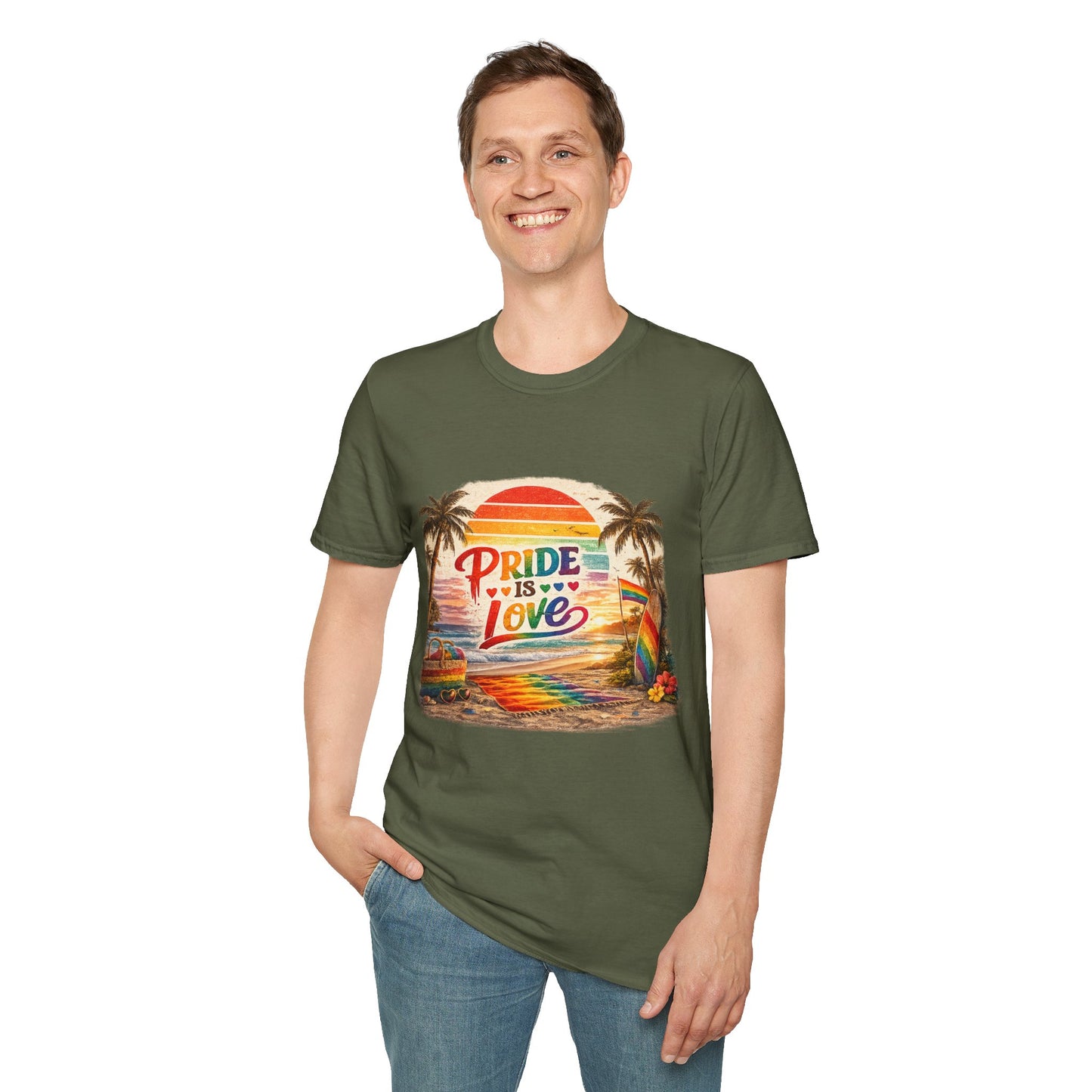 🌈 Pride Is Love Beach Edition T-Shirt | LGBTQ+ Pride Month Retro Sunset Surf Shirt | Rainbow Beach Summer Tee