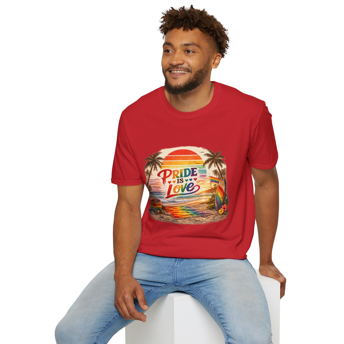 🌈 Pride Is Love Beach Edition T-Shirt | LGBTQ+ Pride Month Retro Sunset Surf Shirt | Rainbow Beach Summer Tee